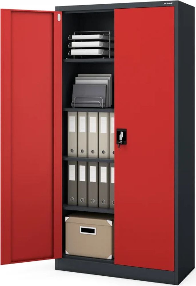 Büroschrank C001 Aktenschrank Lagerschrank Mehrzweckschrank Metallschrank 4 Fachböden Pulverbeschichtung Stahlblech 185 cm x 90 cm x 40 cm, Farbe: Anthrazit/rot