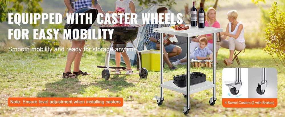 VEVOR Edelstahl Vorbereitungs Tisch, 24 x 24 x 34 Zoll, Schwerlast Metall Arbeitstisch mit 3 verstellbaren Höhenstufen, Gewerbliche Arbeitsstation für Küche Garage Restaurant Garten, 610 x 610 mm