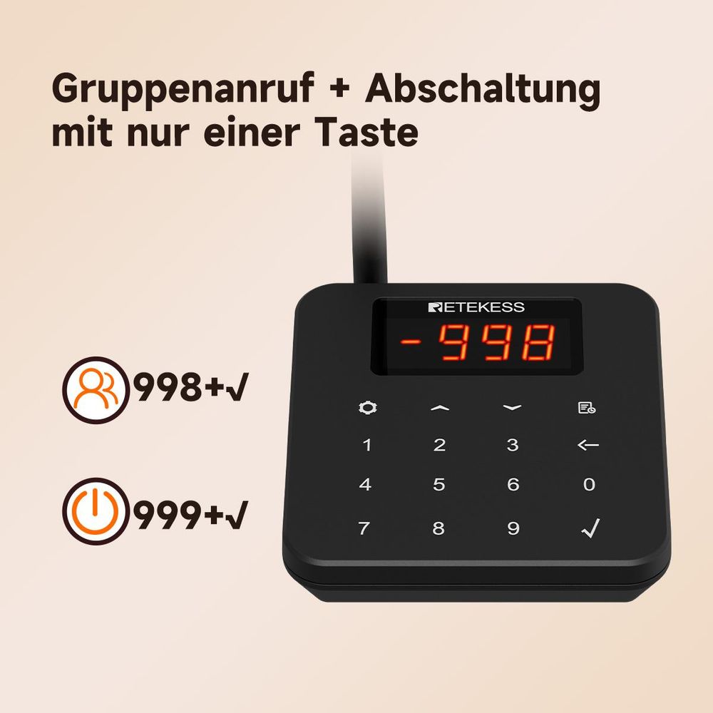 Retekess TD186 Restaurant Pager System, 30 Pager, 600m, Kippschutz, 64 Rufkombinationen, Stummschalttaste, Gästrufsystem für Bars Café, walkie talkie