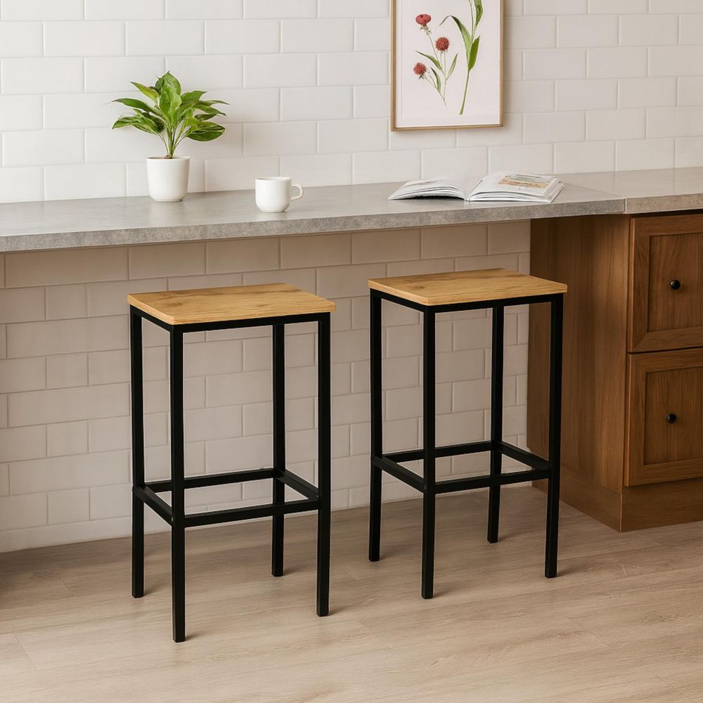BEGRYF Barhocker 2er Set 65 cm Eichefarben 40x30 cm, schwarzes Metallgestell, Küchenhocker