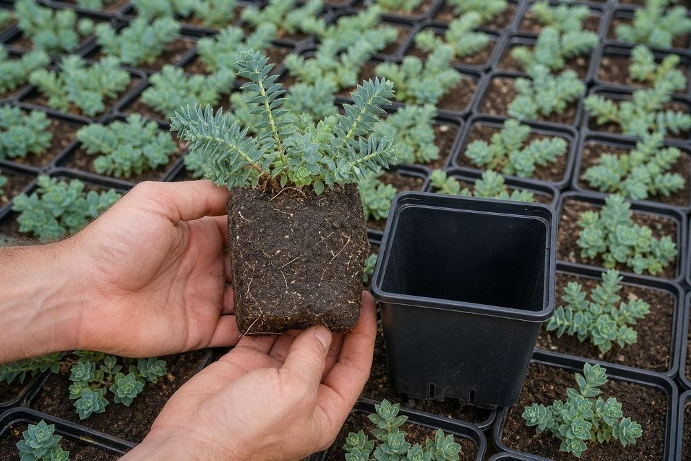 Freiland-Quartier mit Reihen blaugrauer Jungpflanzen in eckigen 9 × 9-Töpfen, Hand hält einen ausget