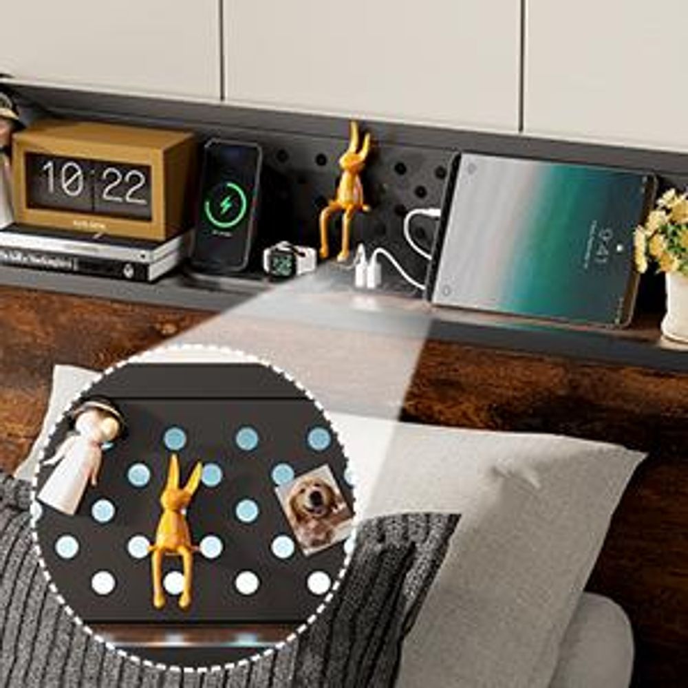Bett 90 x 200 cm, Bettgestell mit Stauraum-Kopfteil & LED-Lichtern, 3 USB & 1 Typ-C, 14 Reihen Metalllatten, Stauraum unter dem Bett, Braun