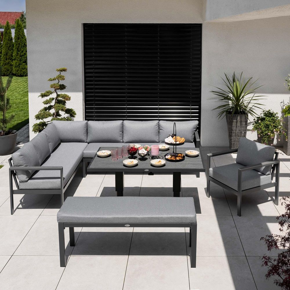 di volio Gartenmöbel Set Noli – grau, Outdoor Lounge aus Aluminium mit höhenverstellbarem Kunstholz–Tisch, wetterfest & bequem für 10 Personen
