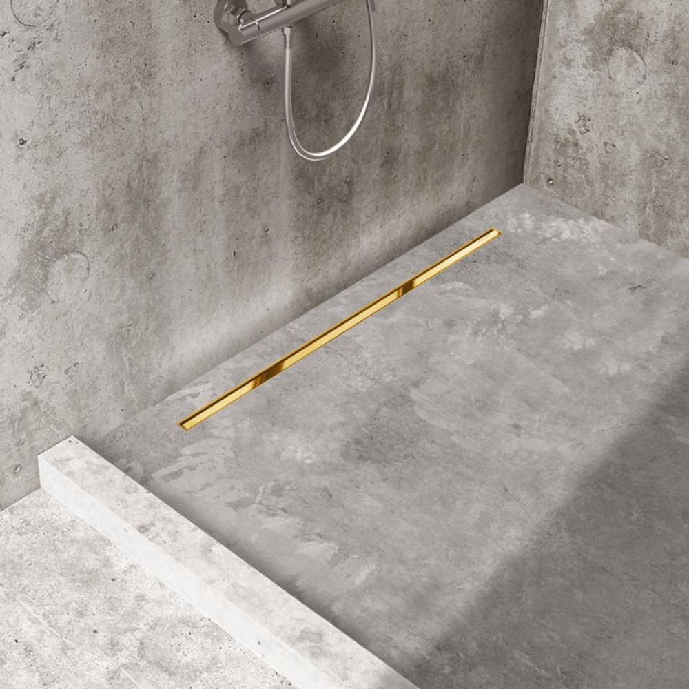 Bodenebene Duschrinne in einer Walk-in-Dusche, minimalistische Gestaltung mit Betonoptik