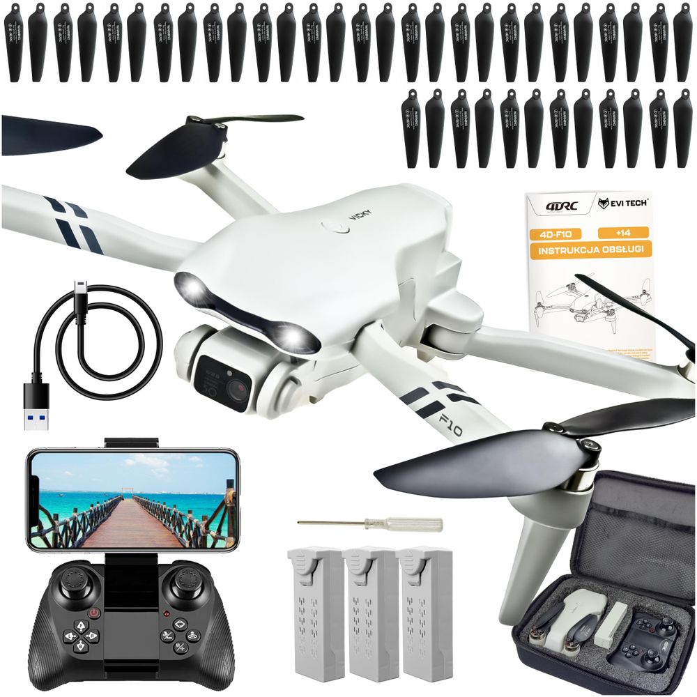Bürstenlose Drohne mit 2 Kameras, 60 Min. Flugzeit (3 Akkus), 2km Reichweite, GPS-Modi & Koffer, EVI TECH FlyPro10 Profi-Einsteiger Drohne FPV
