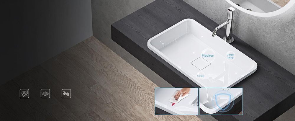 doporro Waschbecken Einbauwaschbecken 60x38x12cm weiß aus Gussmarmor rechteckig mit Ablaufabdeckung ohne Armatur Colossum104