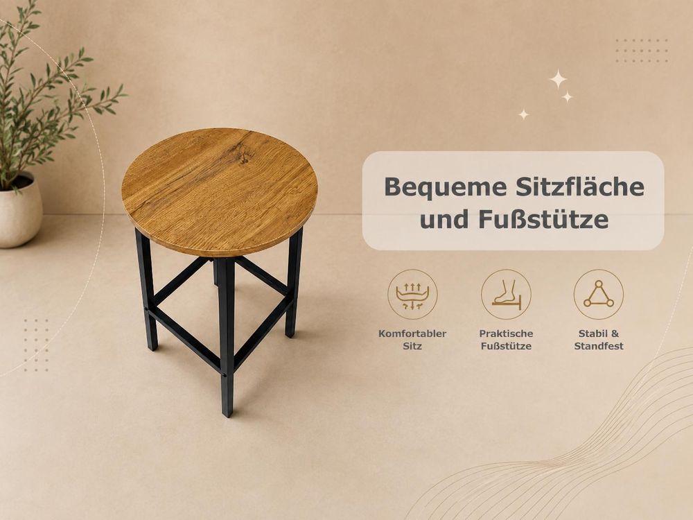 BEGRYF Barhocker 65 cm Eichefarben, Sitz Ø30 cm, schwarzes Metallgestell, Küchenhocker Industrial