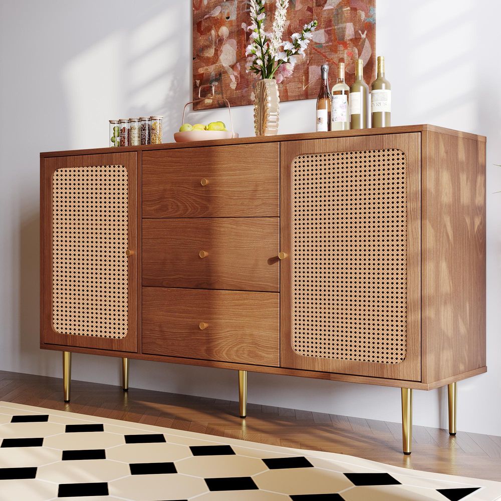 Merax Kommode Sideboard 150 cm mit 2 Türen und 3 Schubladen, Vintage Kommode Rattan-Design mit höhenverstellbare Ablage und Metallbeine, Nussbaum, MDF