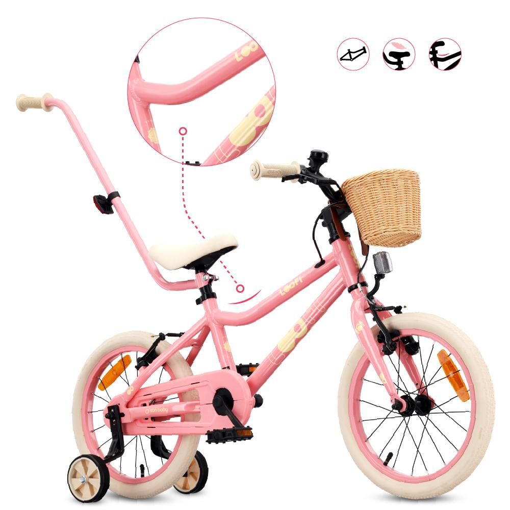 SUN BABY LOOFI Kinderfahrrad 14 Zoll, leichtes Aluminium Fahrrad 6,6 kg für Kinder ab 3 Jahre, mit Stützrädern, Korb, Klingel, Mädchen