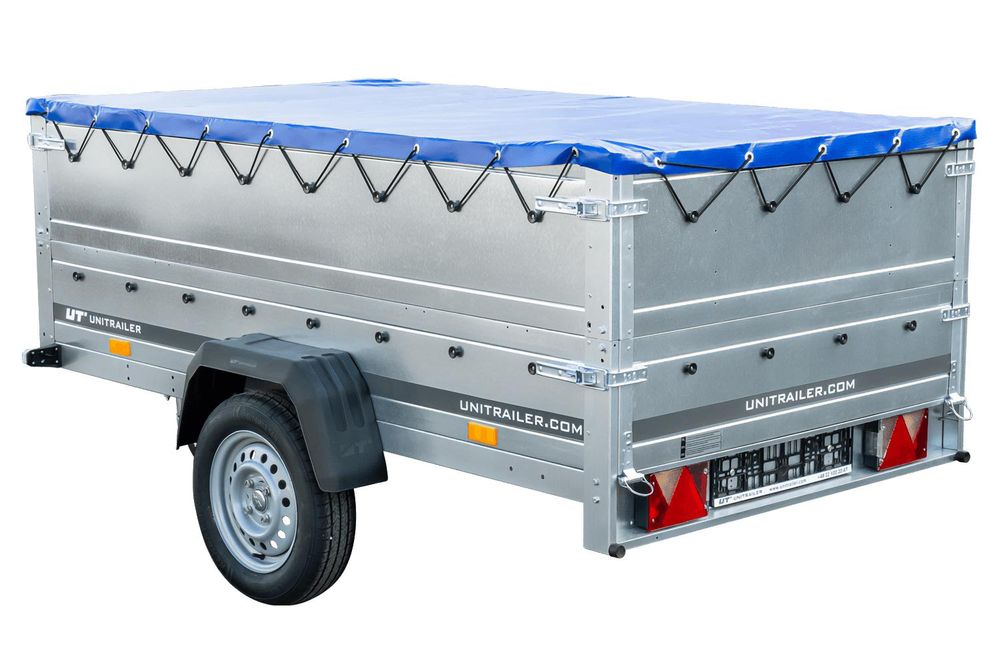 Anhänger mit faltbarer Deichsel GARDEN TRAILER 230 KIPP mit zusätzlichen Bordwänden, Stützrad und blauer Flachplane