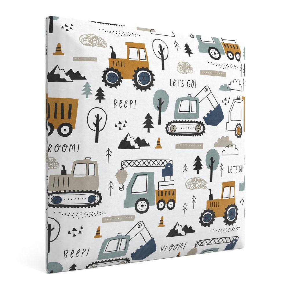 Muralo Gepolstertes Wandpaneel mit Aufdruck für Kinder POLSTERPANEEL 30x30 Wandpolster Bagger Traktoren Skandinavischer Stil Wanddeko für Kinderzimmer