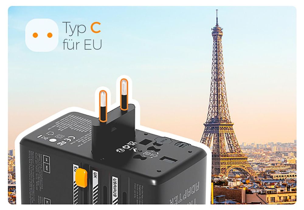 TESSAN Universal Reiseadapter 140W GaN Internationaler Steckeradapter mit 3 USB-C und 1 USB-A Typ C/G/A/I Schwarz