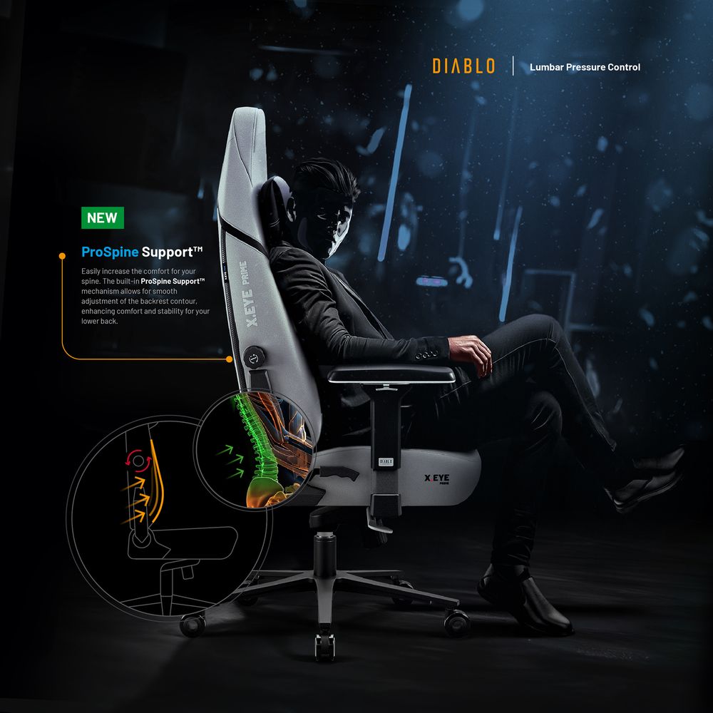 Diablo X.Eye Prime Gaming Stuhl mit Kühlfunktion Bürostuhl Schreibtischstuhl, Belastbar bis 140 kg, Größe Normal, Farbe Grau