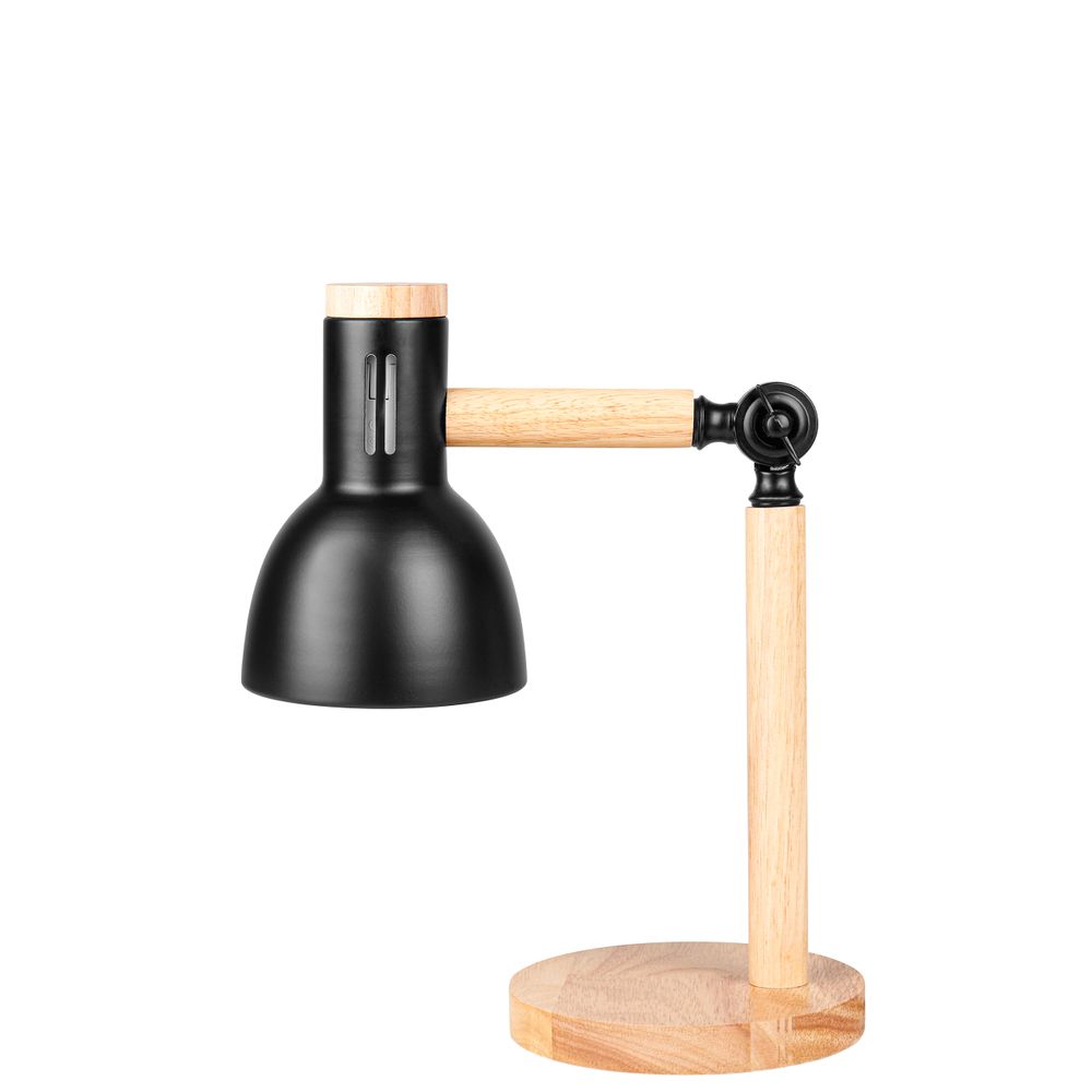 Schreibtischlampe mit schwarzem Schirm und hellem Holz, Detailaufnahme der Konstruktion.