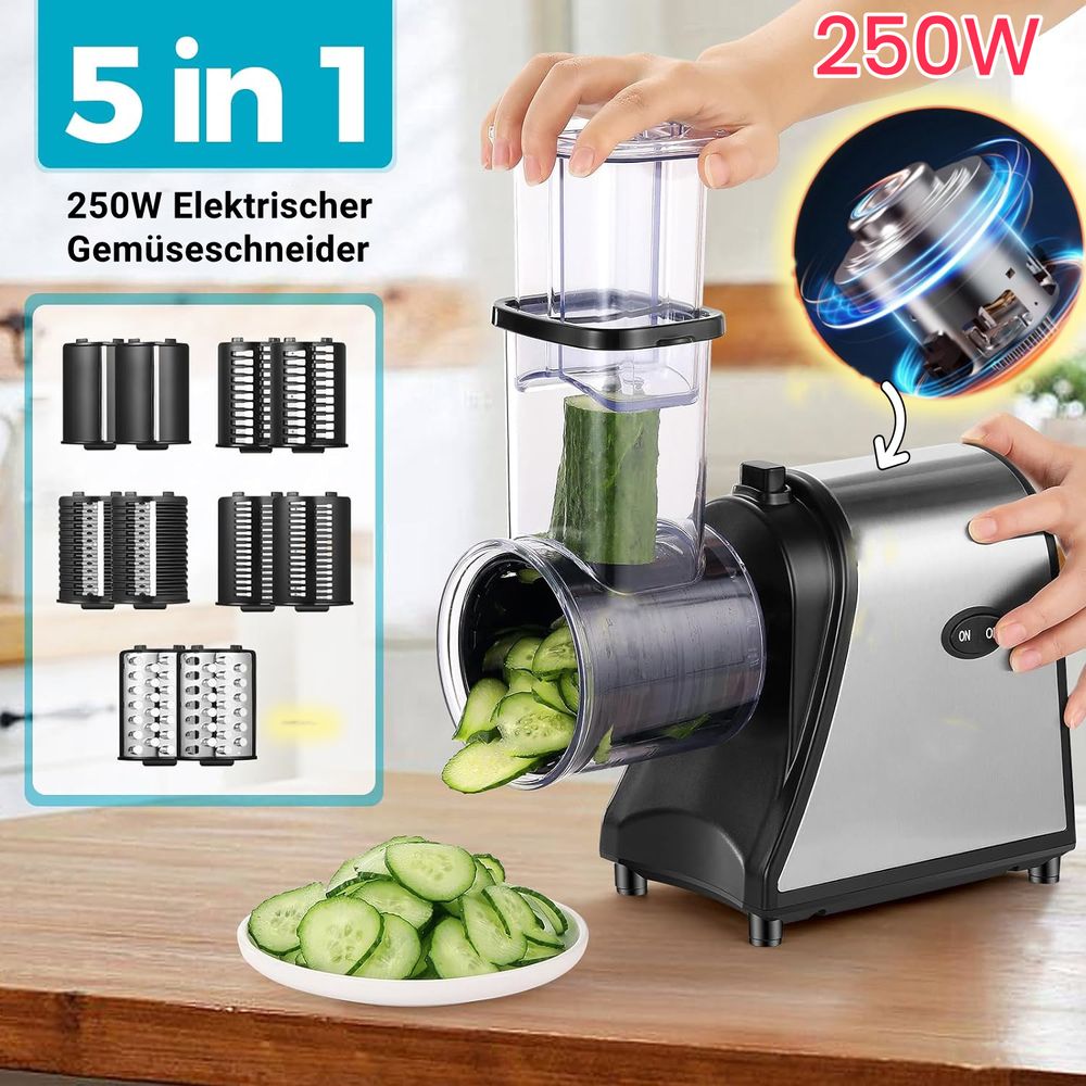 5 in 1 Elektrischer Gemüsehobel, 550W Automatisch Gemüseschneider mit großer Schneidtülle, 5 Kegel-Klingen, Edelstahl Multifunktionsreibe Gemüse Raspe