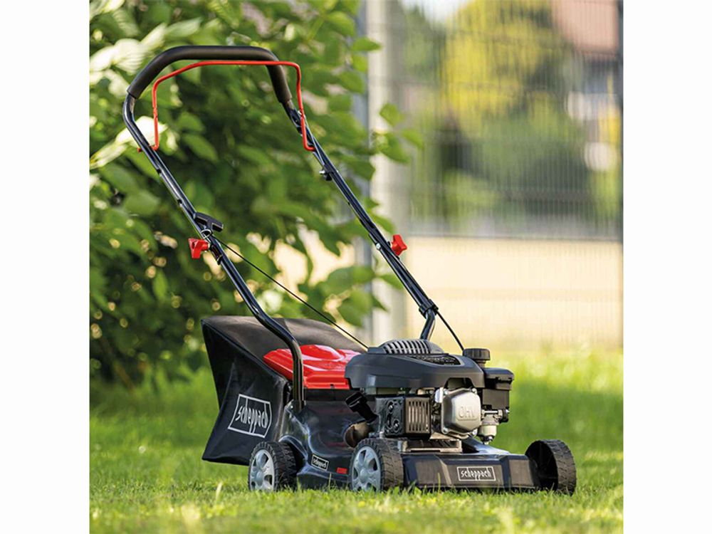 Scheppach Rasenmäher Benzin MP132-40 | 3,3 PS Leistung | 40cm Schnittbreite | 3-fache Schnitthöhenverstellung | 35 Liter Fangkorb | leicht