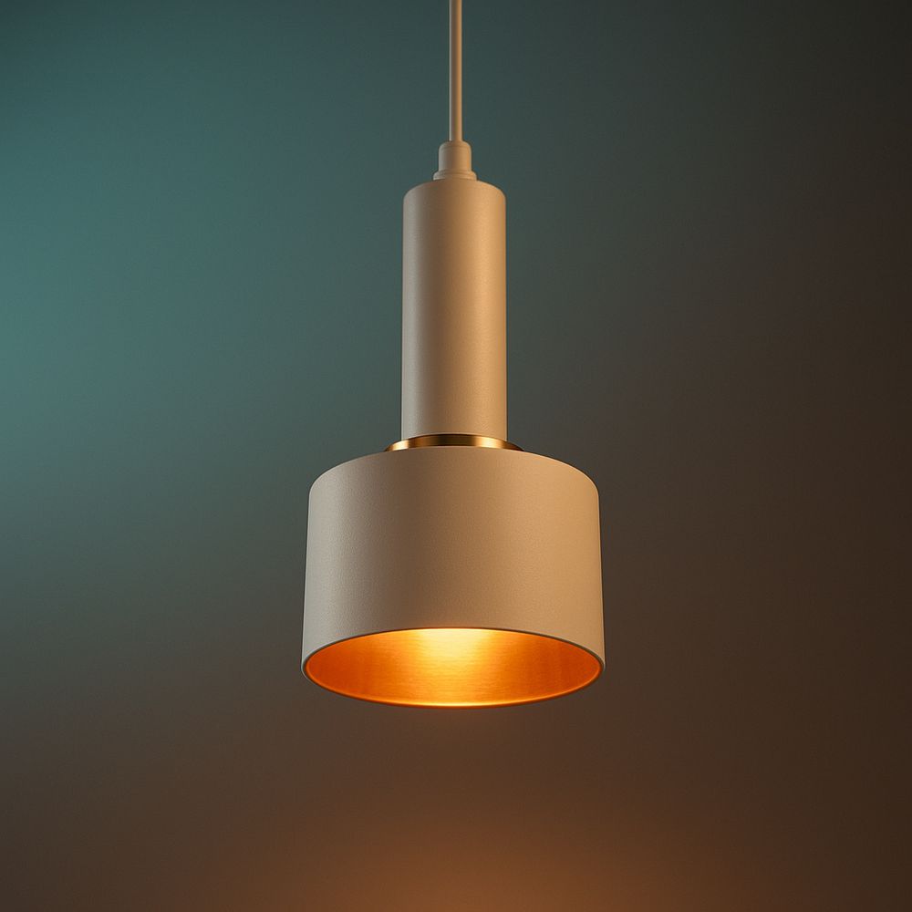 Weiße Pendelleuchte mit zylindrischem Schirm und goldenem Inneren, die den Raum beleuchtet.