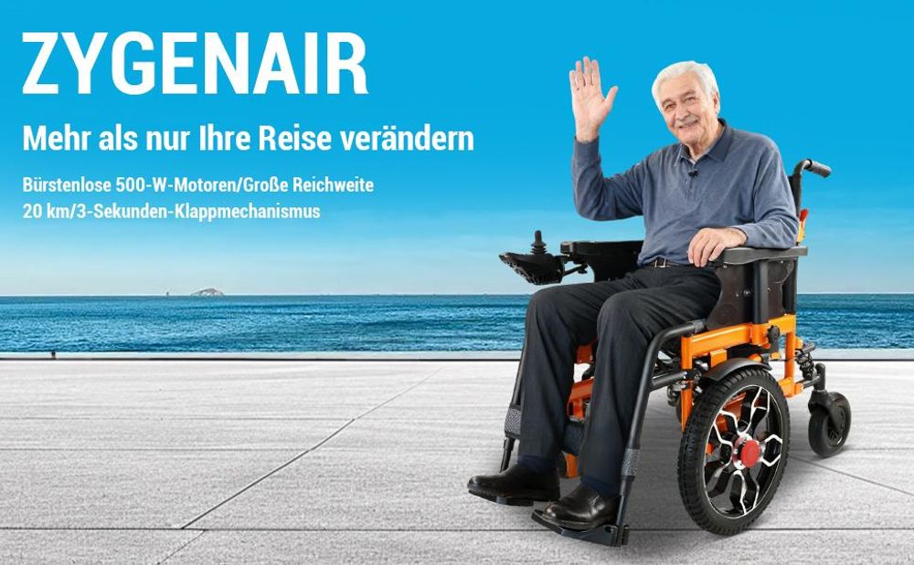 Elektrorollstuhl faltbar für Erwachsene und Senioren, 500W, 20 km Reichweite, 24V 12Ah Lithium-Akku, Joystick, bis 150 kg, mobiler E-Rollstuhl Orange