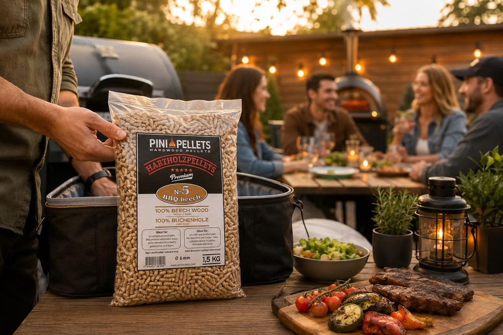 PINI Hartholzpellets 100% Buche № 5 BBQ Beech 1,5 Kg Grillpellets zum Grillen Räuchern Smoken und für Pizzaofen