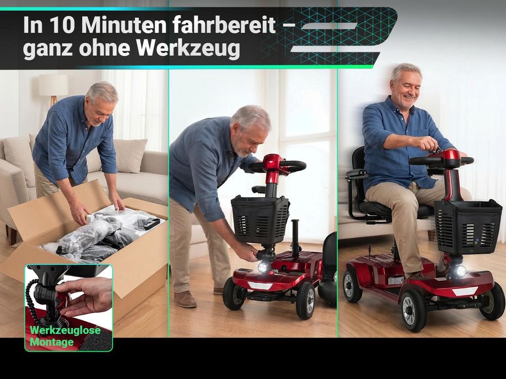 eFlux Mobility M1 Elektromobil | Elektro Senioren Roller - E-Scooter - Tiefeneinstieg - Schwenksitz - Einhand Steuerung - Klappbar - 20 km (Rot)