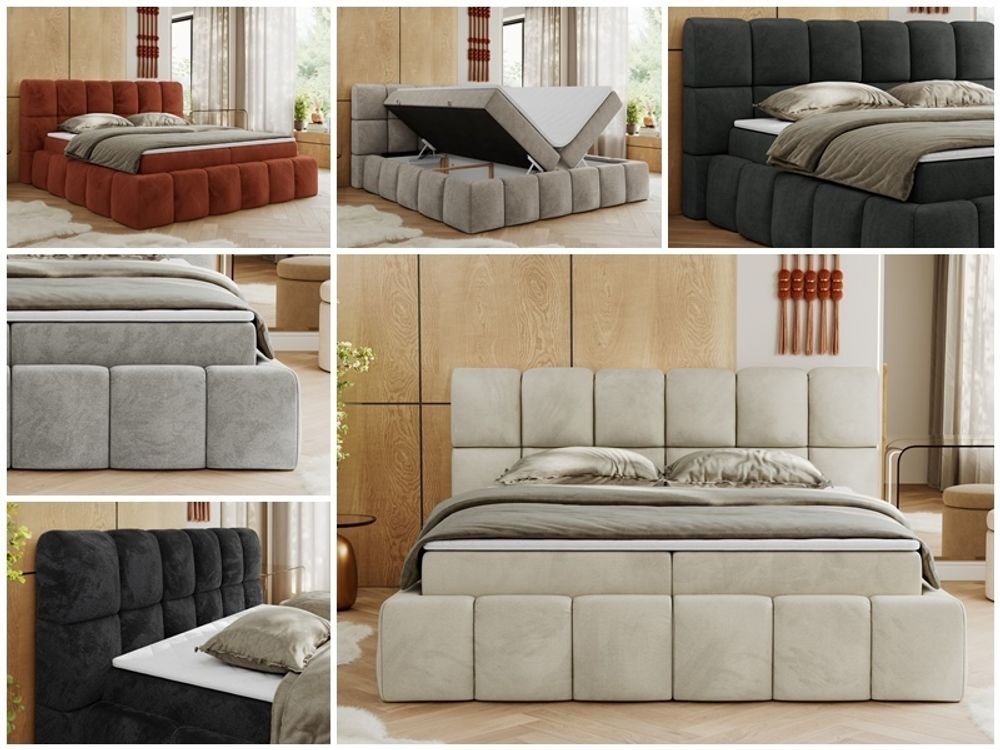 MKS MEBLE Boxspringbett, Doppelbett NIRA mit dekorativem Kopfteil, Multipocket-Matratze und Topper, Polsterbett mit Bettkästen - 180 x 200 cm - H3 - Hellgrau Struktur