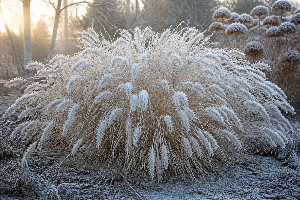 Raureif-Aufnahme: gefrostete Flaschenbürsten-Ähren im Wintermorgenlicht.