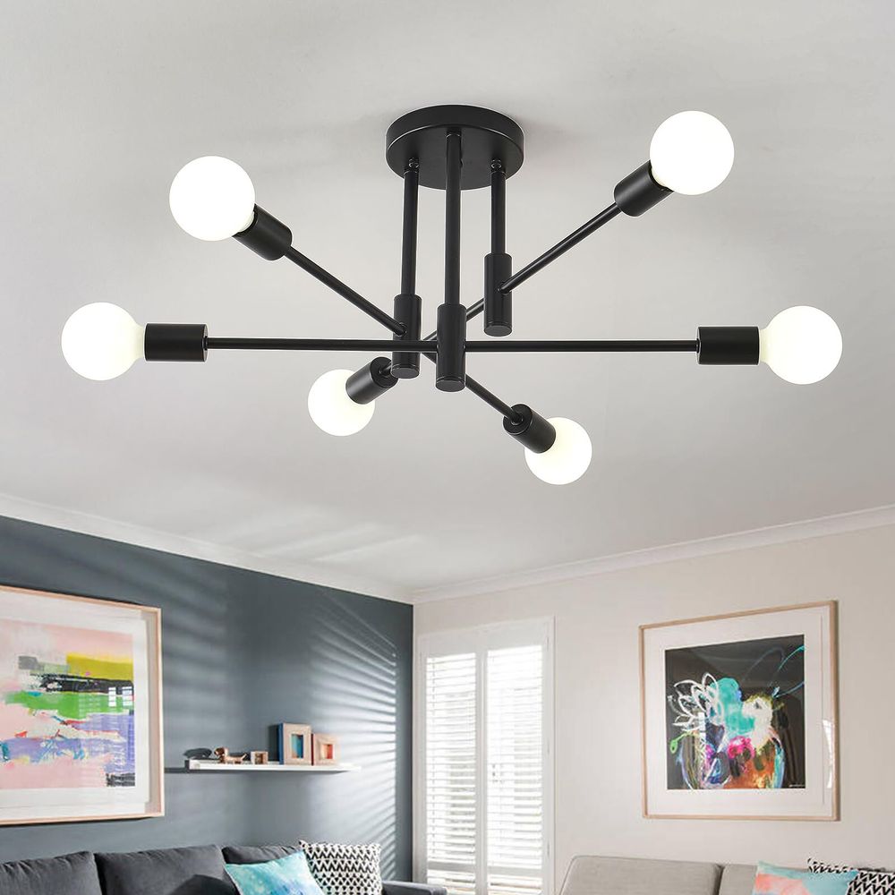 Deckenleuchte Moderne Kronleuchter 6 Flammig Schwarz Vintage Halbbündige Deckenlampe E27-Fassung für Hotel Bar Wohnzimmer Esszimmer Schlafzimmer Küche