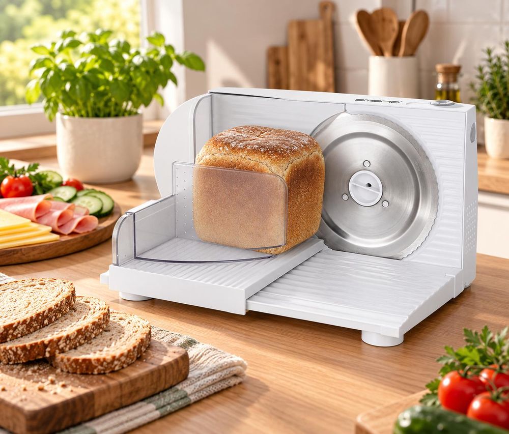Elektrischer Allesschneider mit Brot auf einer hellen Küchenarbeitsplatte.