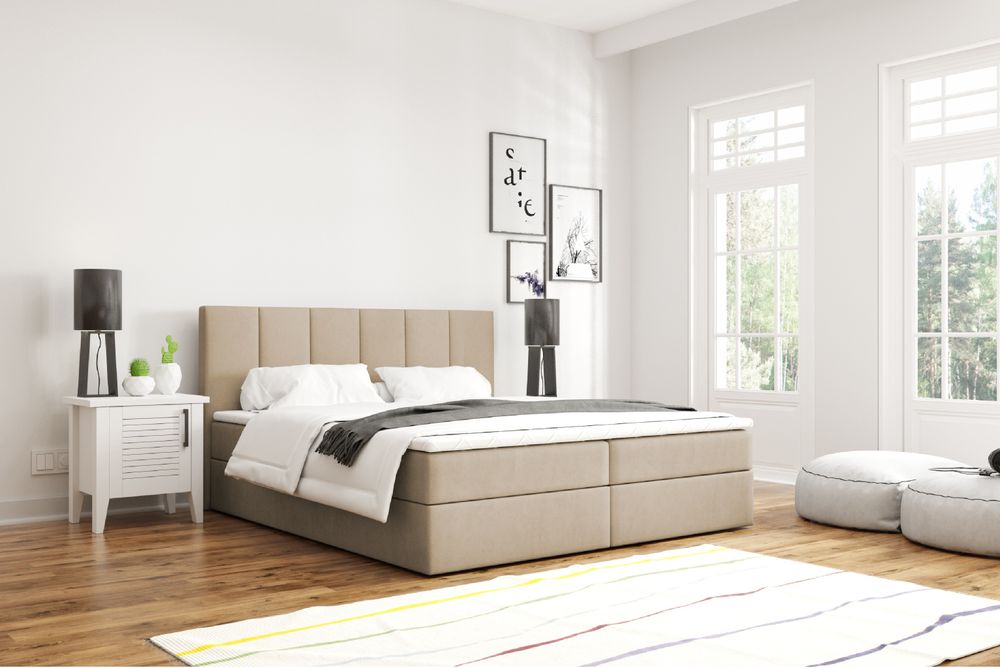 MYSEN Boxspringbett 140x200 Lopez mit Bettkästen mit Matratze (14 cm) mit Topper (4 cm) Komplett-Set Polsterbett Bonell H3 Beige