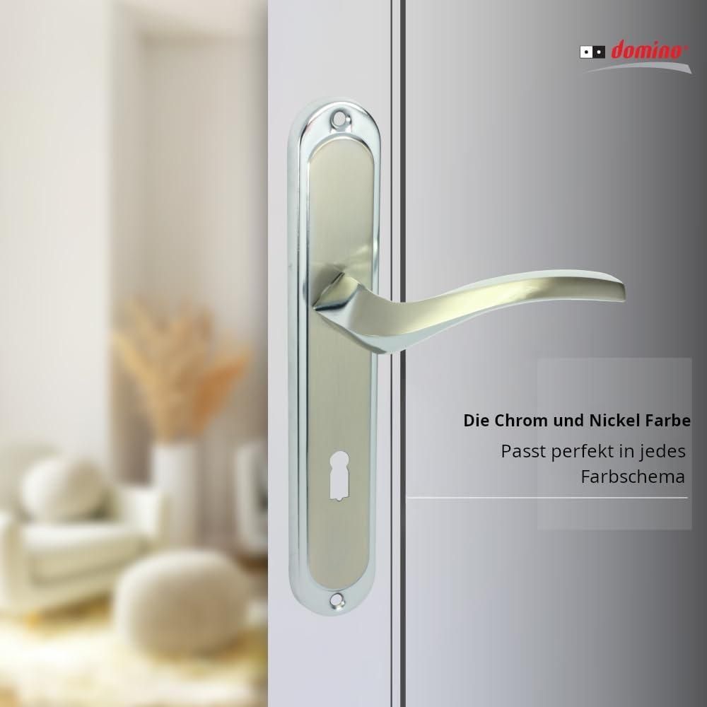 DOMINO Türgriff 72 Drückergarnitur BB-Buntbart | Langschildgarnitur | Zimmertür Bürotür Kellertür & Innentür | Aluminium | Chrom/Nickel | ENIGMA M6/M9