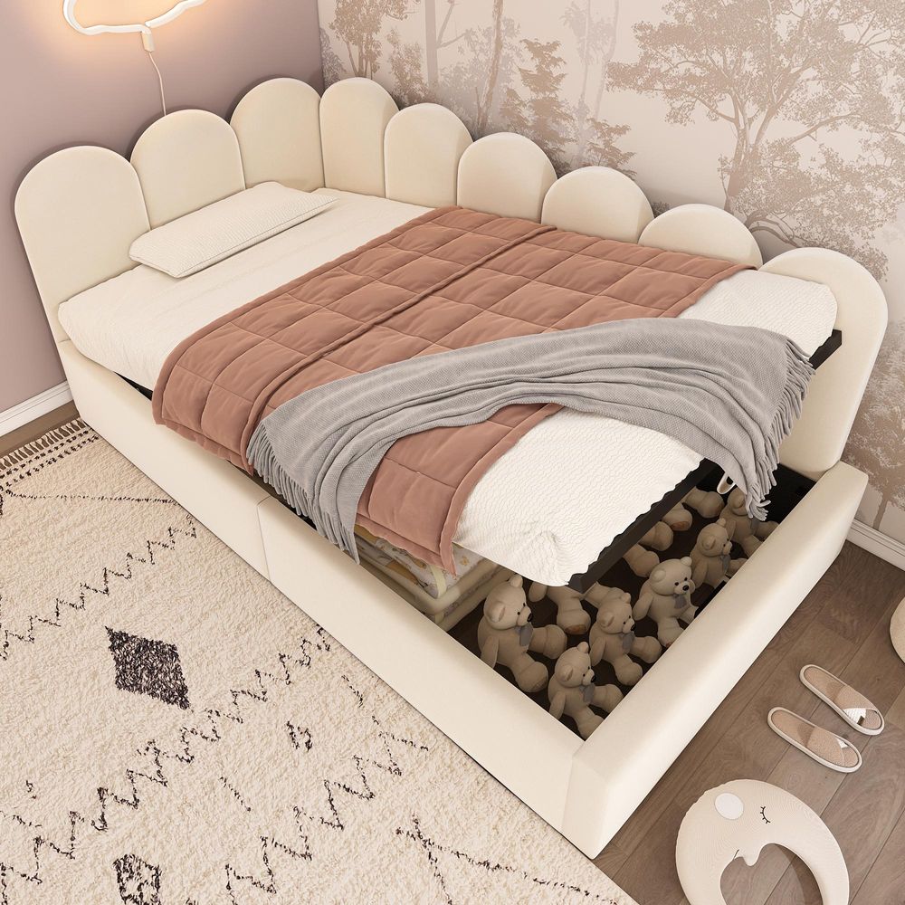 Merax Polsterbett Tagesbett 90x200 cm mit hydraulischem Stauraum, Kinderbett Sofa aus Samtstoff, Metall-Lattenrost, Gästebett mit Gitterdesign, Beige