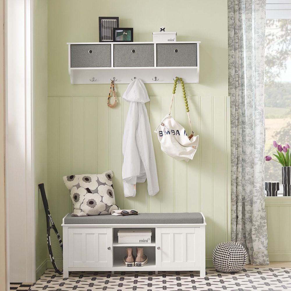 SoBuy Wandgarderobe Flurgarderobe Kleiderhaken Wandregal mit 3 Körben & 5 Haken Garderobenleiste Hängeregal für Flur Schlafzimmer Badezimmer FRG282-W