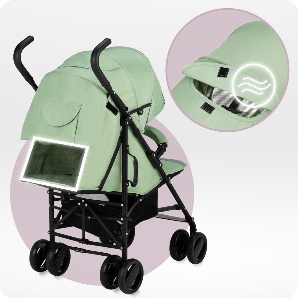 MoMi AKIRA – Ultraleichter Baby Kompaktbuggy 6,7 kg mit verstellbarer Rückenlehne & Drehbügel, inkl. Tasche & Moskitonetz, bis 15 kg – Grün