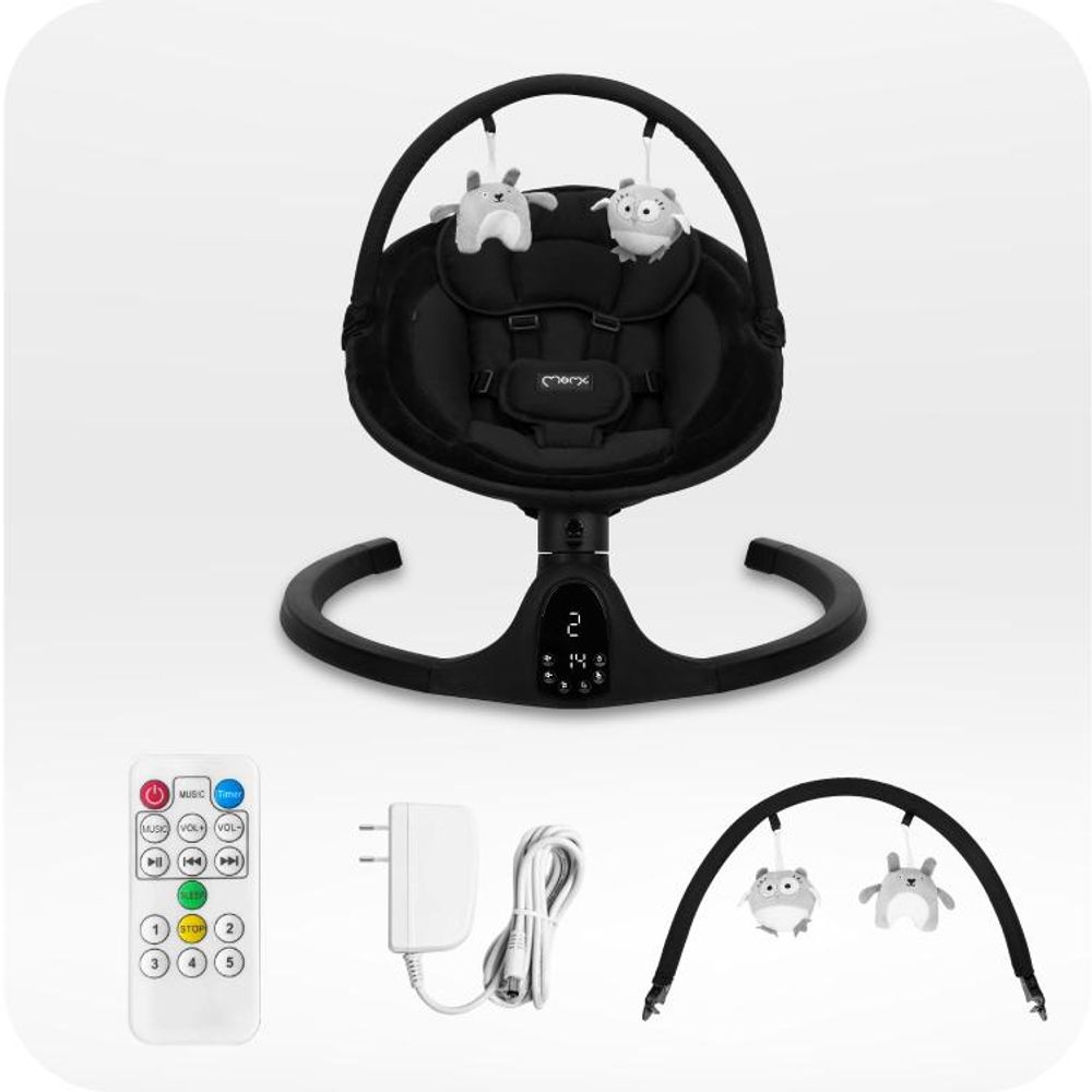 MoMi KENANI ONYX – Elektrische Babywippe mit Bluetooth, Fernbedienung, LED-Display & 5 Stufen, inkl. Spielzeug – Schwarz