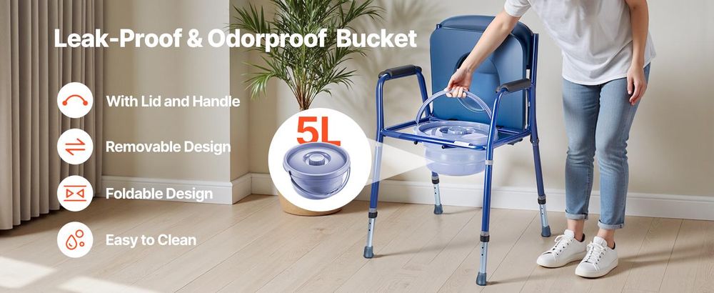 VEVOR Toilettenstuhl, Nachttopf mit abklappbaren Armlehnen und abnehmbarer Rückenlehne, 5-stufig höhenverstellbar, 7L herausnehmbarer Eimer, einfach zu montieren, 1000LBS Tragfähigkeit, tragbare Toilette für Erwachsene und Senioren, Rückenlehne ohne Räder, Stahl