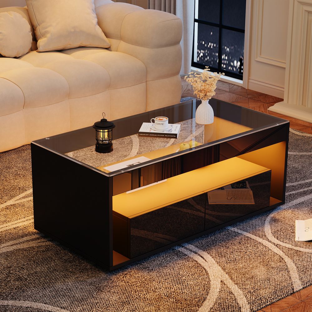 Merax Couchtisch mit Hochglanz-Schubladen und Fernbedienung, Sofatisch Beistelltisch mit LED-Beleuchtung und Glasplatte, 100*50*40cm