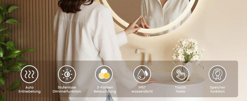 LED Badezimmerspiegel 60cm Rund, 3 Lichtfarben Badspiegel mit Touch und Anti Beschlag, Dimmbar Badezimmer Spiegel, energiesparend Wandspiegel