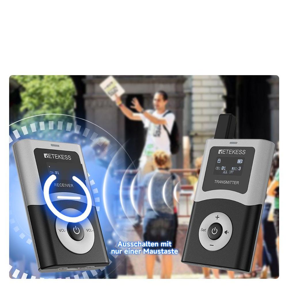 Retekess T130U, systém pro průvodce, audio systém s nabíjecím kufrem s 60 sloty, UHF, dosah 200 metrů, 40 hodin v pohotovostním režimu, mikrofon, vysílačka