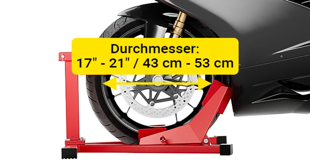 Wiltec Motorradständer vorne für 17-21" 60-160 mm Reifen, 670 x 480 mm, als Montagehilfe aus Stahl mit Gummifüßen für Vorderrad, Motorradheber