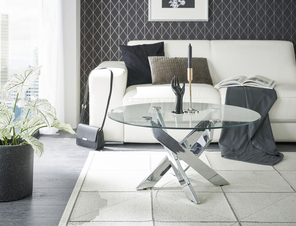 KOPENHAGEN Couchtisch – runder Glastisch mit Sicherheitsglas und verchromtem Gestell