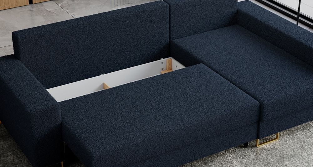 Blaufarbenes Ecksofa aus strukturiertem Stoff. Foto zeigt Bettkasten