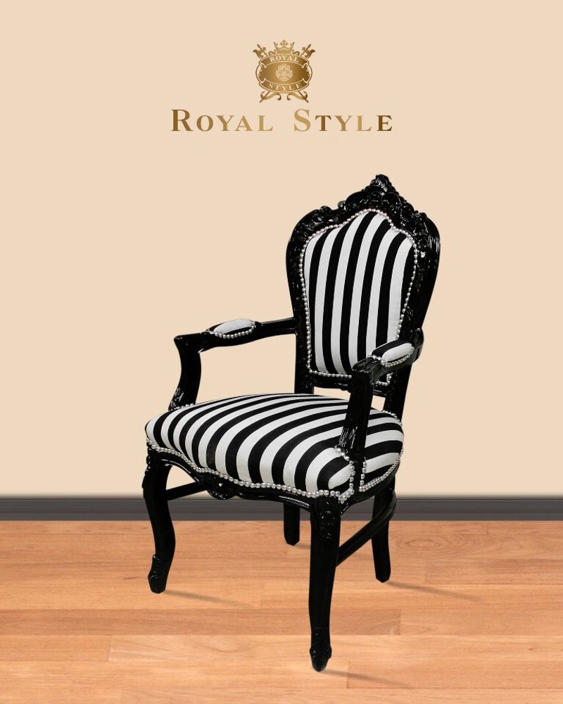 Barockstuhl Barock Stuhl Armlehne Zebra Schwarz Weiß Stoff Esszimmer Wohnzimmer Büro Flur Schminkstuhl Klassisch Premium Luxus Modern Retro Royal