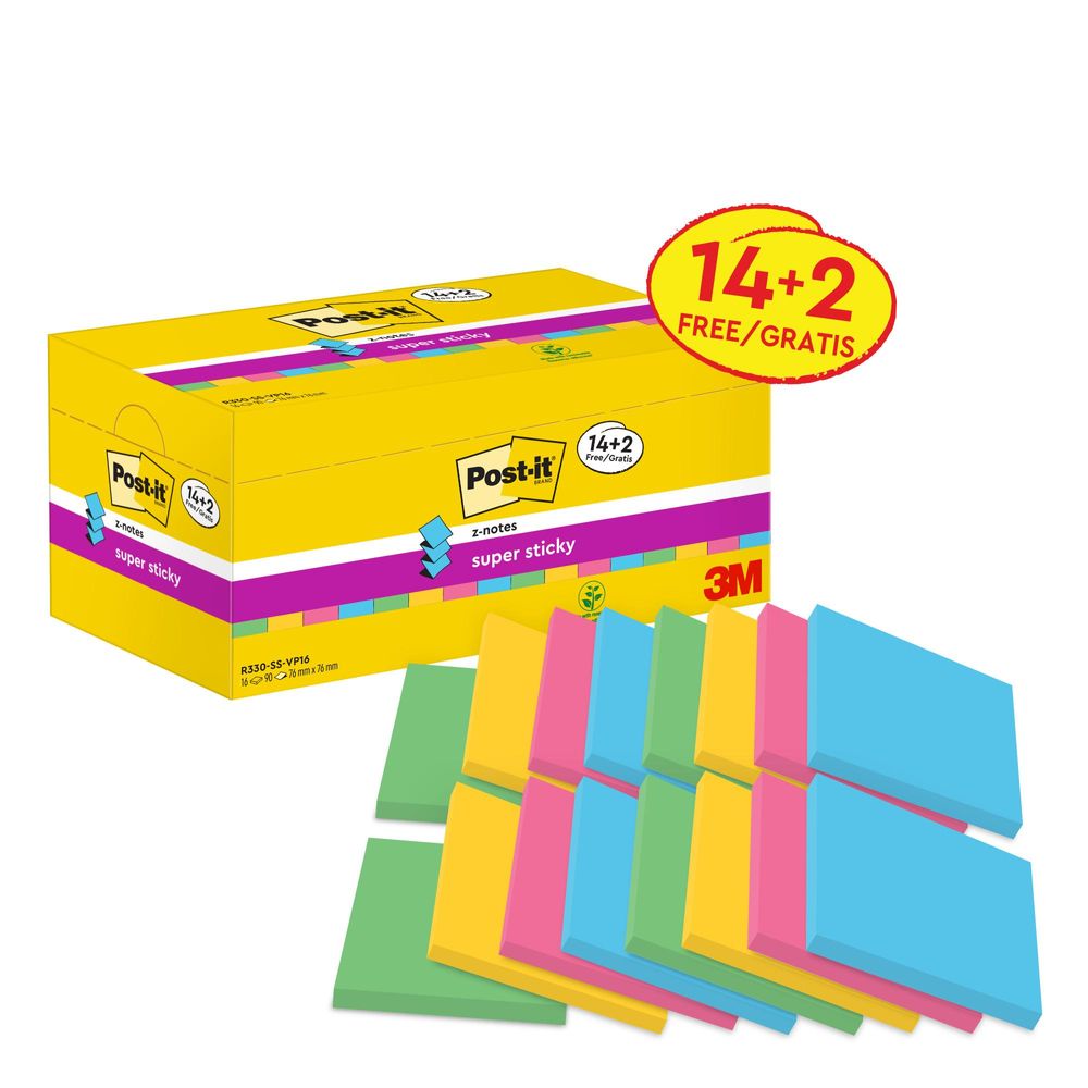Post-it® Super Sticky Z-Notes Haftnotizen - Verschiedene Farben - 76 mm x 76 mm - 90 Blatt/Block - 14 Stücke + 2 Gratis