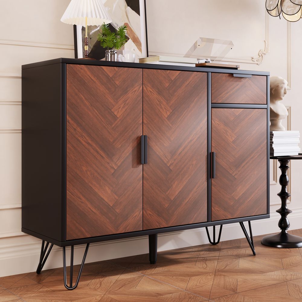 Merax Sideboard im Holzoptik mit Schubladen und 3 Türen,  Highboard mit verstellbare Regale und Metallfüße, vielseitiger Stauraum Kommode, Schwarz