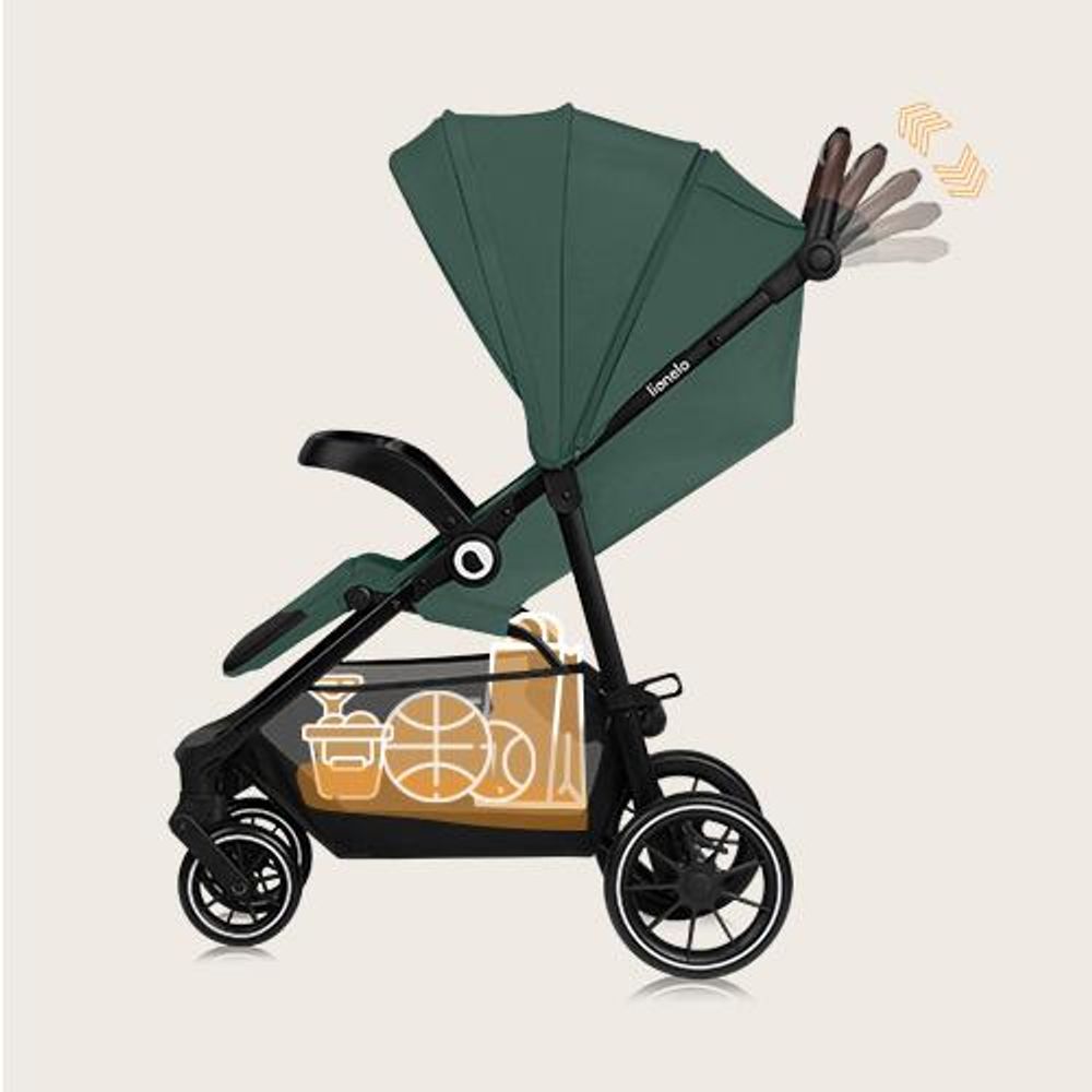 Lionelo Emma One Buggy bis zu 22 kg Schwenkbare 360 Räder Einhändig klappbar Verstellbare Rückenlehne und Fußstütze XXL-Verdeck UPF50+ Grün