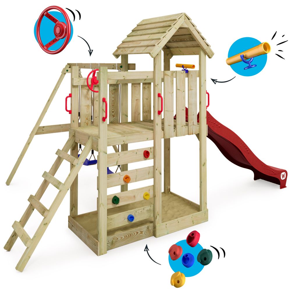 Spielturm Wickey MultiFlyer mit Holzdach und Schaukel in Rot