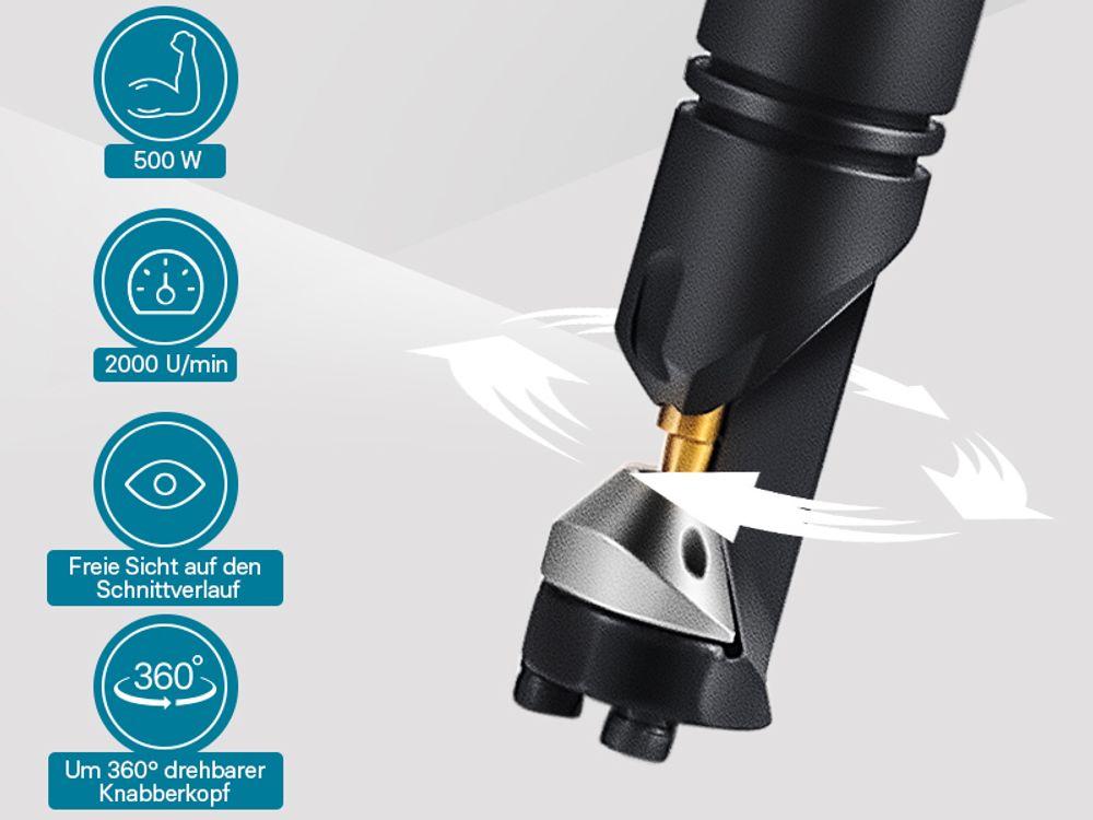 Wiltec Blechknabber 500 W mit Schnitttiefe bis 2,5 mm, Blechnibbler mit um 360° drehbarem Knabberkopf, Nibbler Blechschere