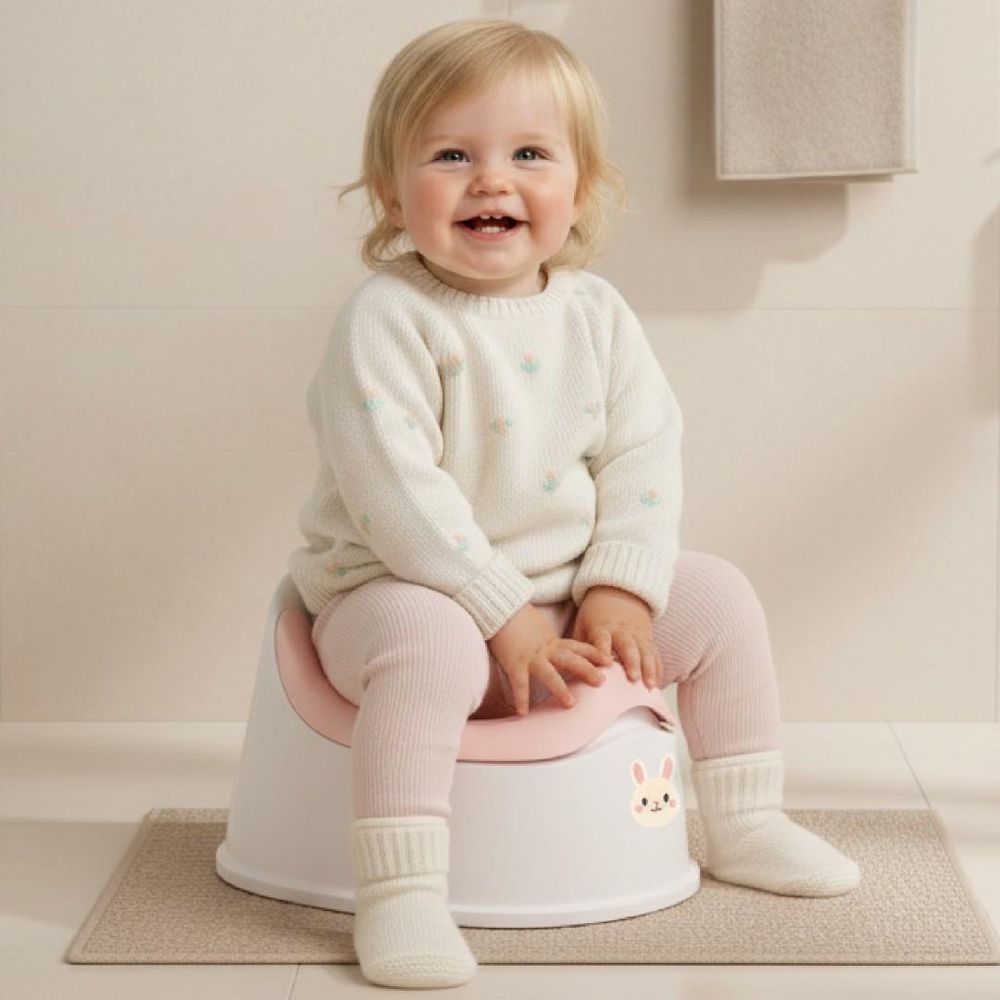 Niña sentada cómodamente en el orinal SUN BABY en el baño