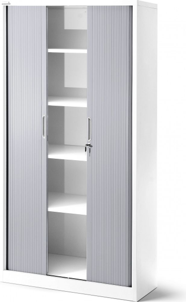 Rollladenschrank T001 Jalousieschrank Aktenschrank Büroschrank 4 Fachböden Rolltür abschließbar 185 cm x 90 cm x 45 cm Farbe: Weiß-grau