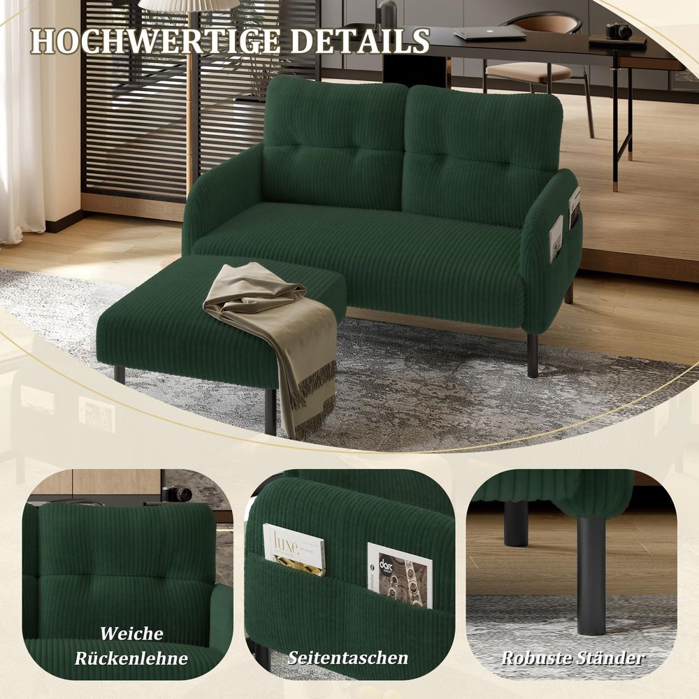 STILVORA Zweisitzer Relaxsofa mit Hohe Rückenlehne und Seitentaschen,Sofa mit Armlehnen und Metallfüße,Polstermöbel Loungesofa mit Cord-Material,Grün